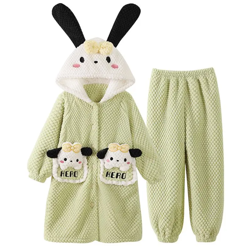 Sanrios Child Pajamas Girl Winter Nightgown Suit Velvet Wear Outside Kuromi Cute Kawaii Cartoon Keep Warm Lounge Clothes