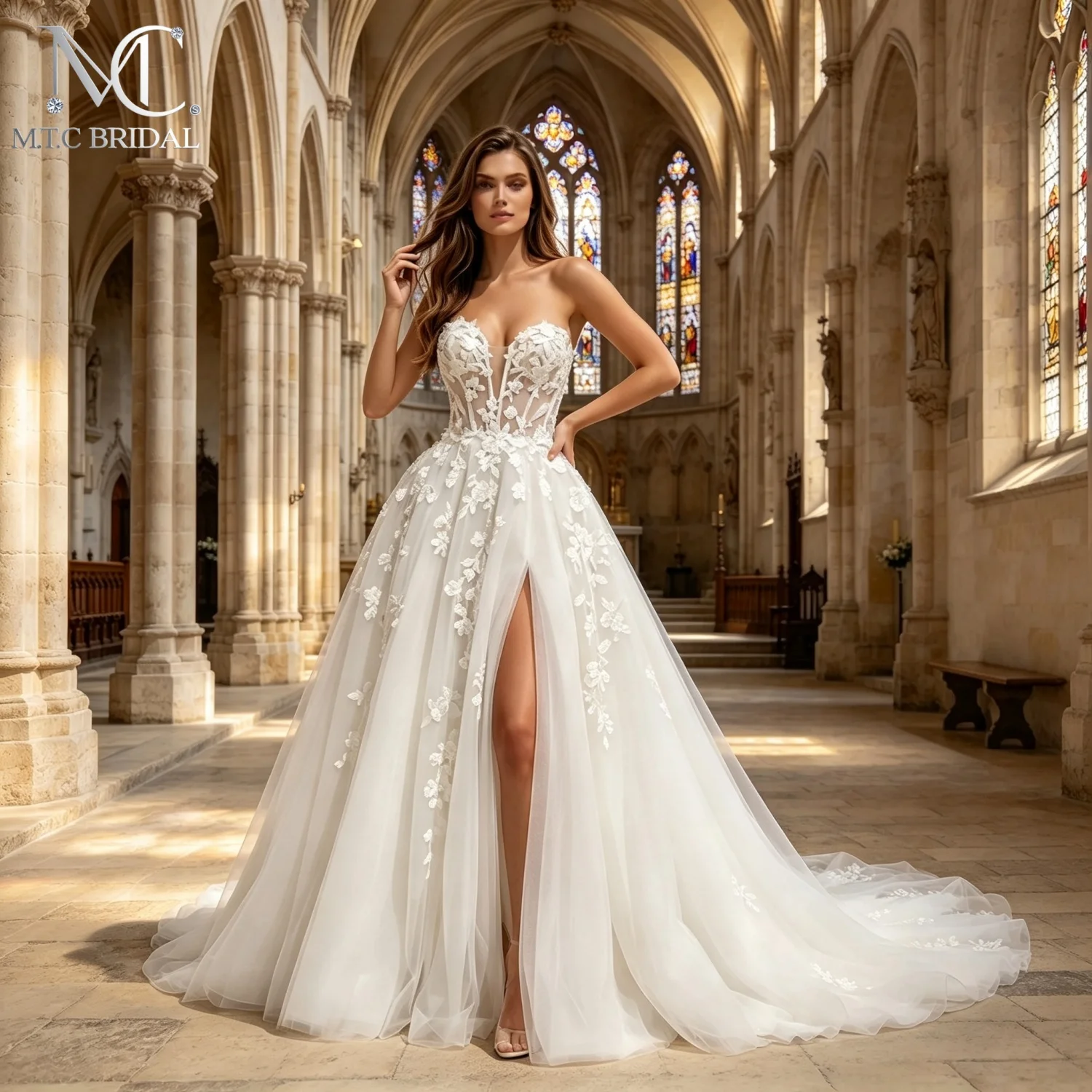 Sweetheart Strapless Wedding Dress Sheer Bodice Lace Appliques A Line Tulle Bridal Gown With High Slit Court Train Robe De Maria