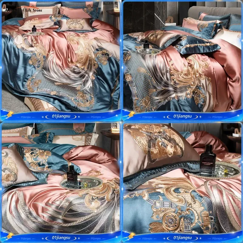 Luxury European Palace Style Gold Embroidery Brocade Egyptian Cotton Bedding Set Duvet Cover Bed Sheet Pillowcases 4 6 10 Pcs