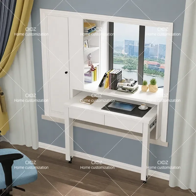 Modern Simple Bedroom Bay Window Desk with Drawers Retractable Pull-out Computer Desk Bookcase Writing Table 8L28-1