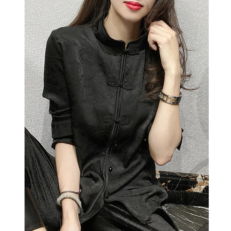 2024 New Fall Winter Vintage Clothes High Quality Loose Shirts Office Lady Blouses Sexy Button Women\'s Stand Black Tops 311134