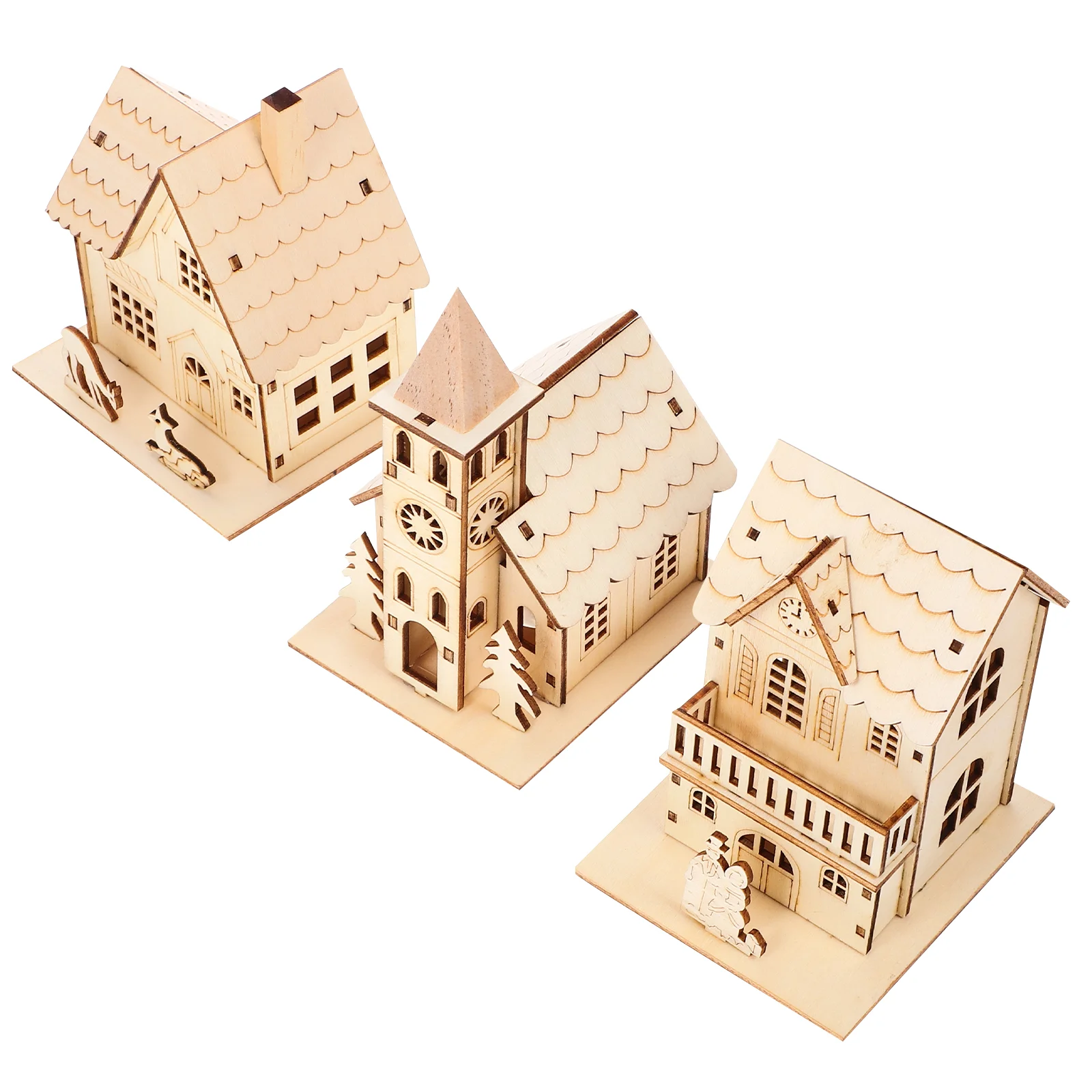 3 Pcs Wooden House Christmas Cabin Dining Room Table Decor Luminous Paper Mache Xmas Ornament