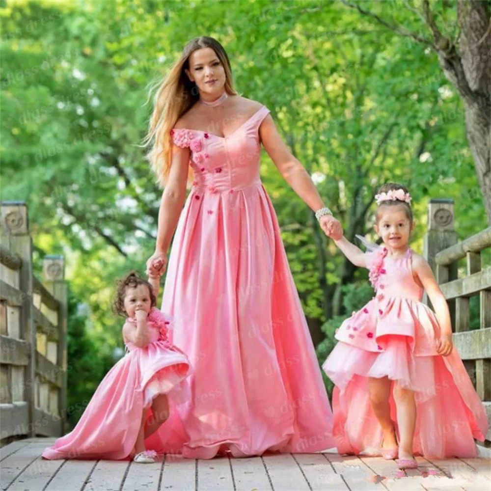 Pink High Low Mother Daughter Flower Girl Dresses For Wedding Halter Neck Little Pageant Tiered Satin First Formal Party Gowns