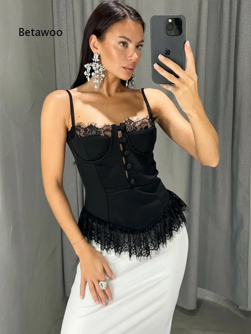 Women Spaghetti Strap Lace Cami Top Corset Style Button Front Slim Fit Ruffle Trim Camisole for Party Daily Wear