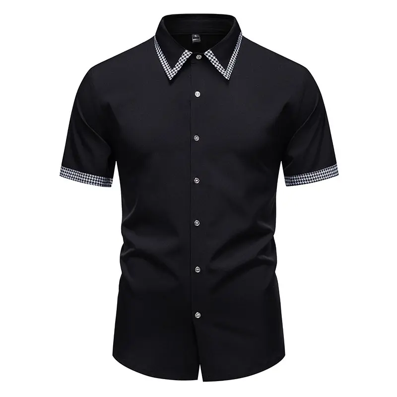 Summer Men's Houndstooth Patchwork Short Sleeve Casual Shirt Basic Fashion Contrast Color Office Work Top Daily Basic Shirts