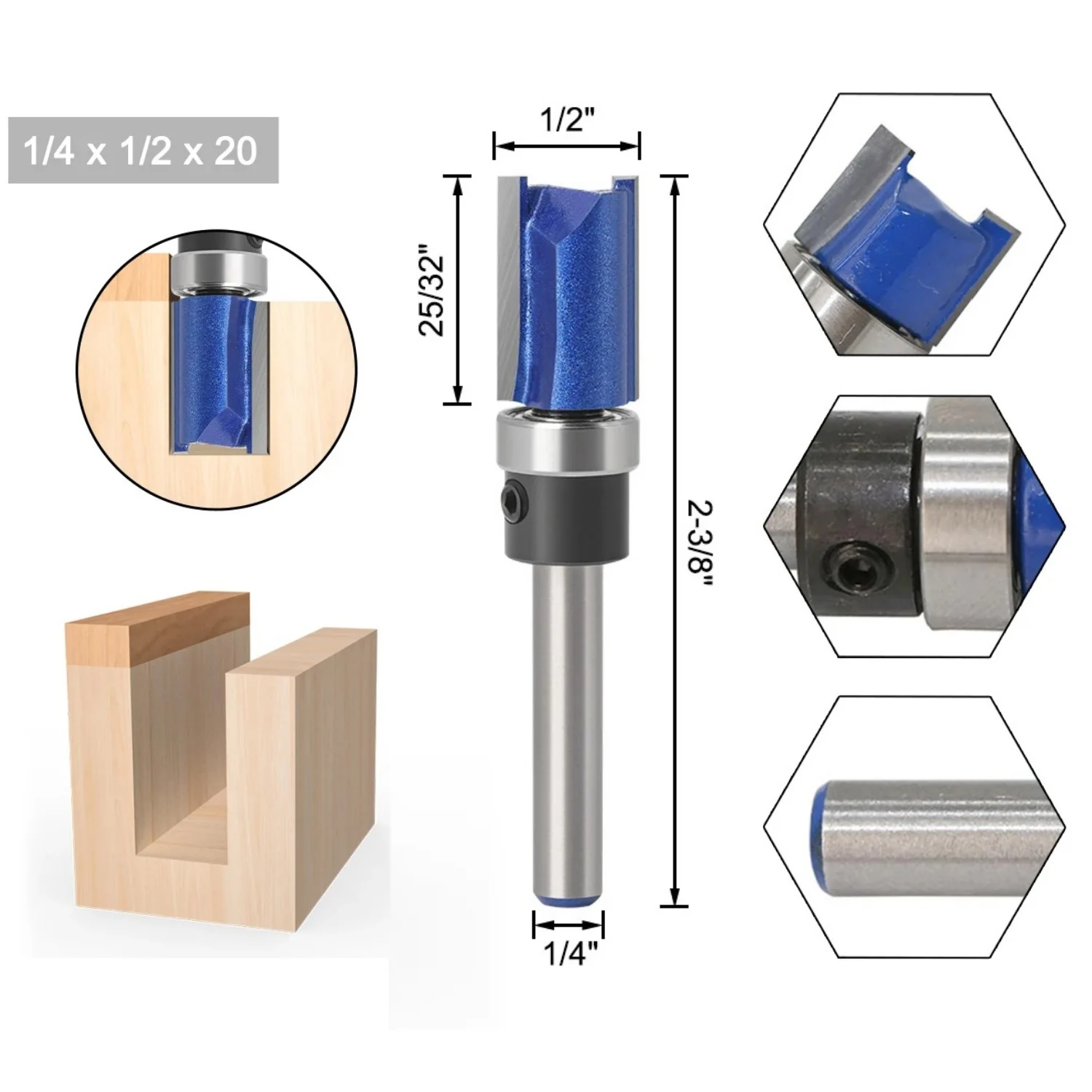 

6.35mm Shank Straight Flute Trim Pattern Router Bit Cutter Top Bearing Woodworking Blue Template Flush Trim Router Bit Template