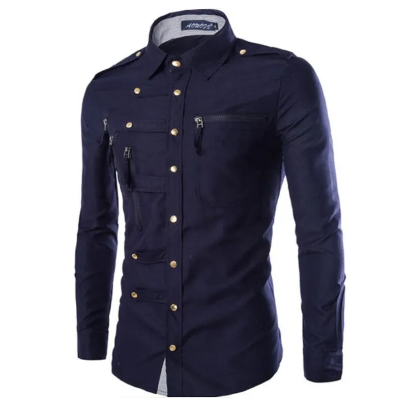 Primavera outono camisas casuais dos homens de manga longa gola quadrada camisa de carga dos homens moda zíperes fino ajuste cor sólida vestido camisa homem