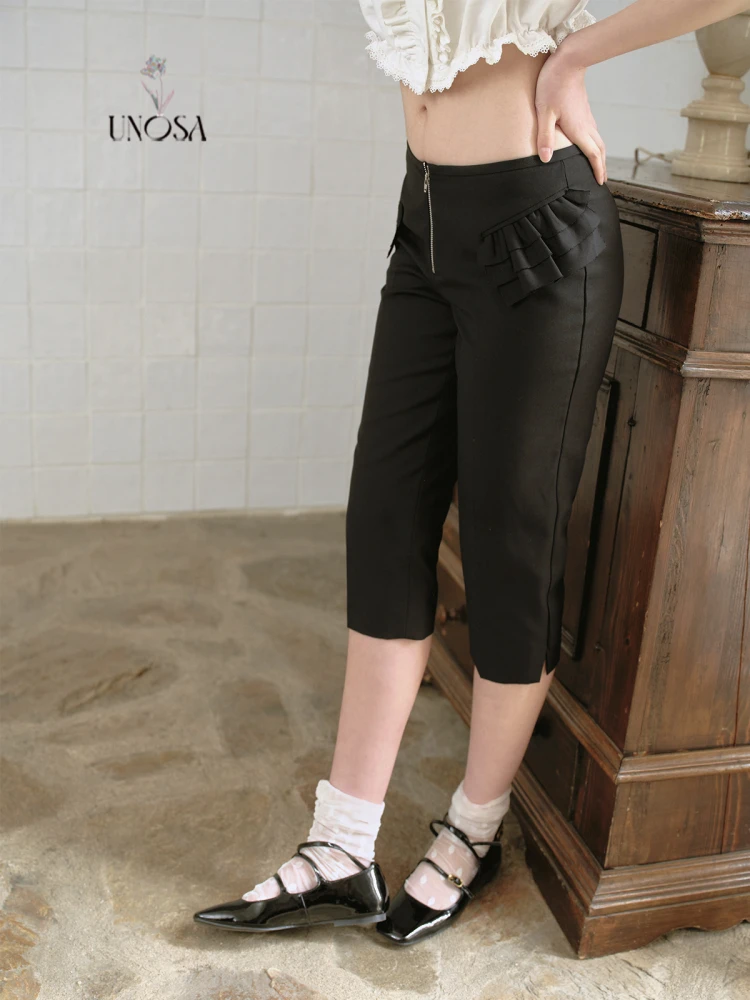 

SA Faionable Seven-Foot Pants with Metal Zipper ket And Decorative Lotus Le Pure Bla Casual Straight Leg Tro...