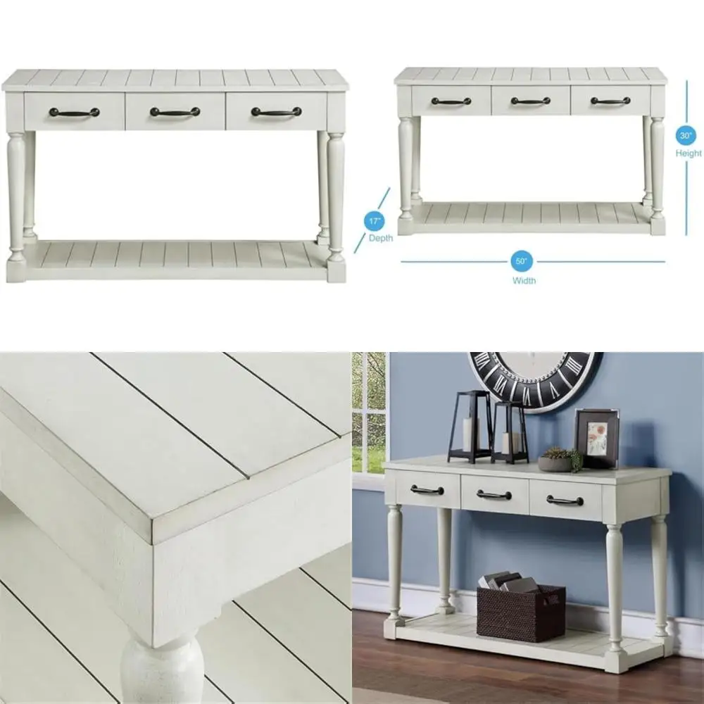 Elegant Alabaster Cottage Sofa Table with Working Drawer and Farmhouse Style in Ebony Metal Hardware