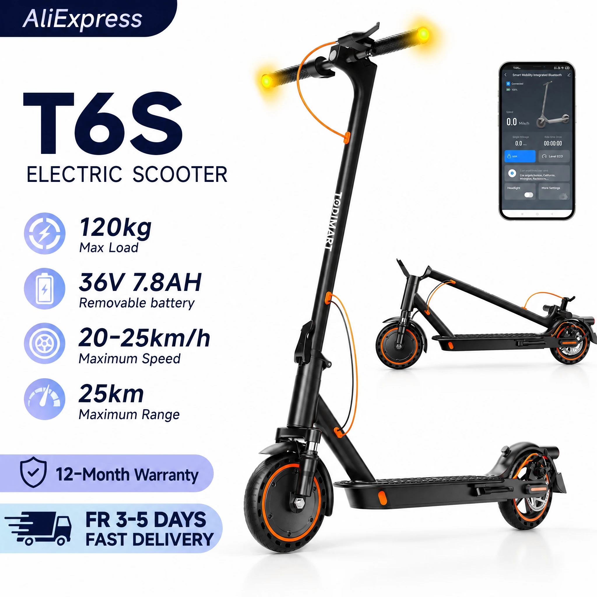 Monopattino elettrico TODIMART T6S, 36V, 7,8Ah, autonomia di 25 km, pneumatici a nido d’ape da 8,5 pollici, doppi freni, sospensione anteriore a molla, monopattino elettrico pieghevole per adulti, 3