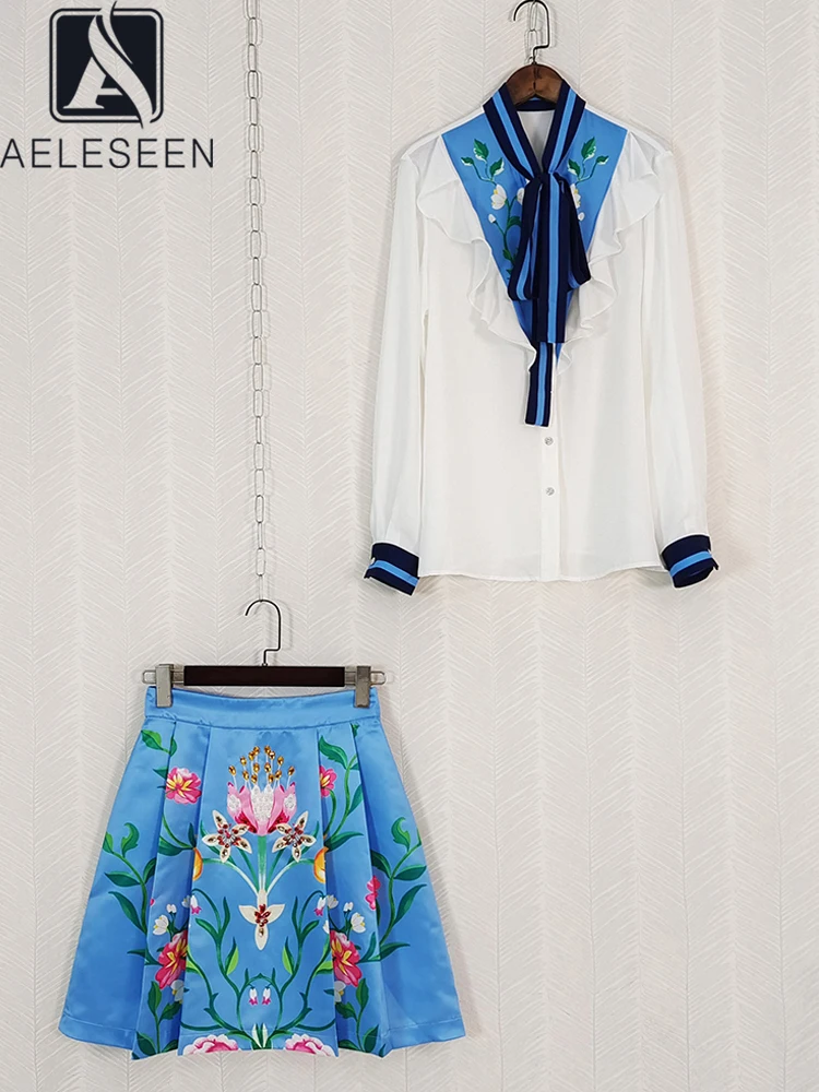 

AELESEEN Designer Fashion Summer Dress Women White Bow Ruffles Stripped Blouse + Mini Pleated Flower Print Beading Skirt Casual