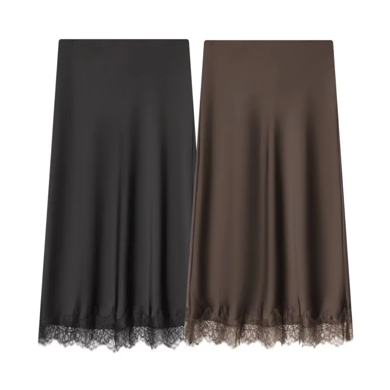 Falda media con decoración de encaje y textura de seda para mujer, falda Midi elegante de cintura alta, faldas de moda con cintura elástica para otoño