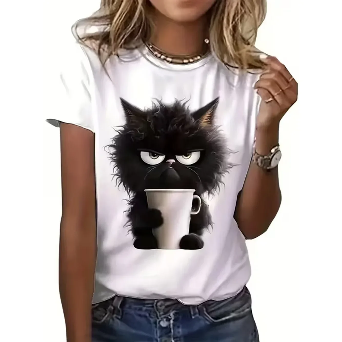 item picture cat themed white printed t shirt for casual short sleeve o neck womens animal clothing
