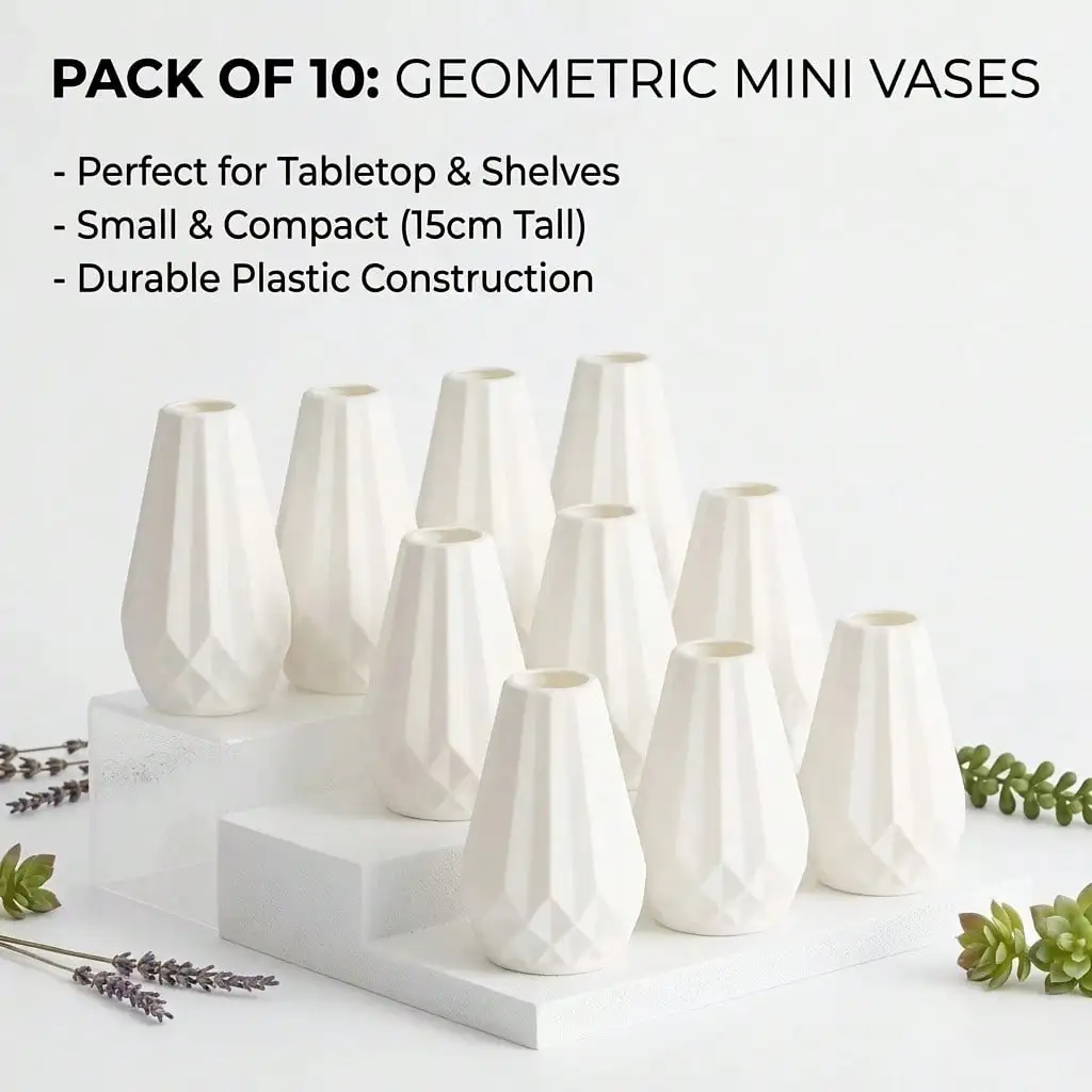 10 Pack Geometric Mini Vases, 15cm Small White Plastic Vases, Modern Diamond‑Textured Decorative Vase, Compact Tabletop Centerpieces For Shelf Home Wedding Party Decor