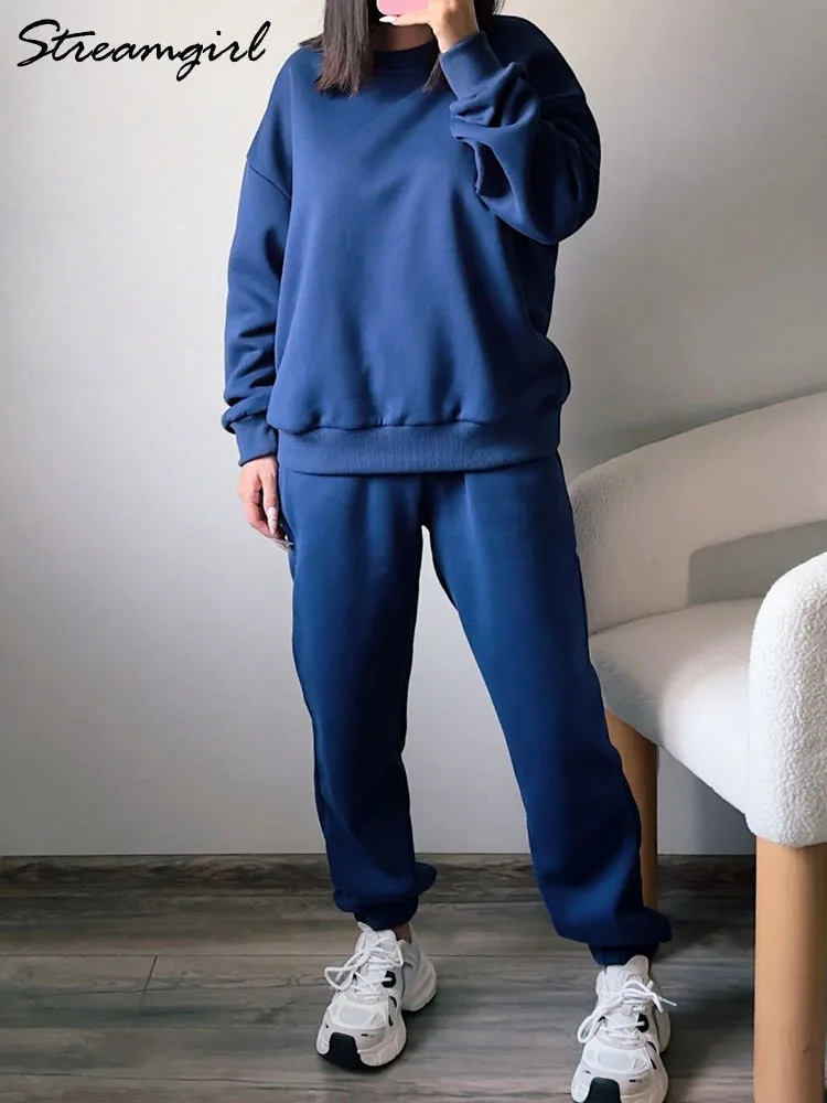 Winter Pants Velvet Tracksuits Sets Women Warm Sweatshirts Pants Sets Female O Neck Casual Fleece Suits For Women Velvet Set