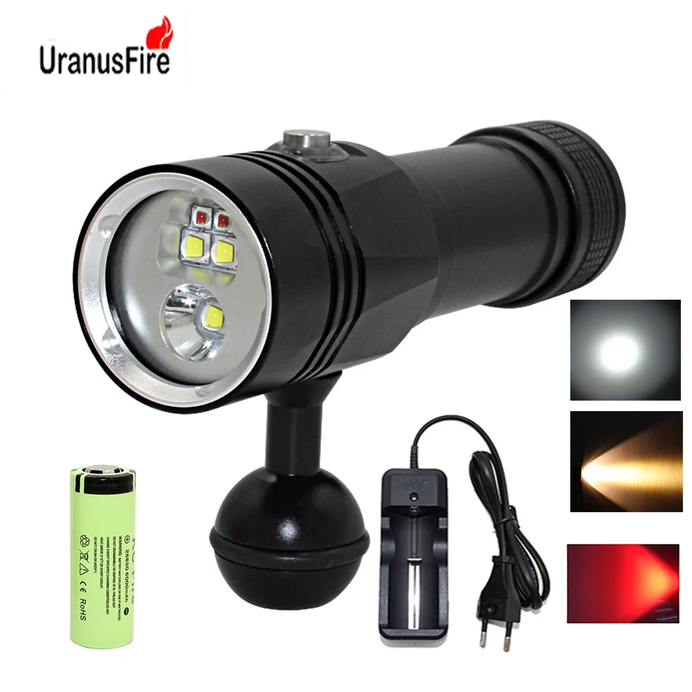 

Photography Video Light Diving Flashlight 3x XM-L2 White/Yellow+ 2x XPE Red Waterproof torch Underwater Lamp +26650 +Charger