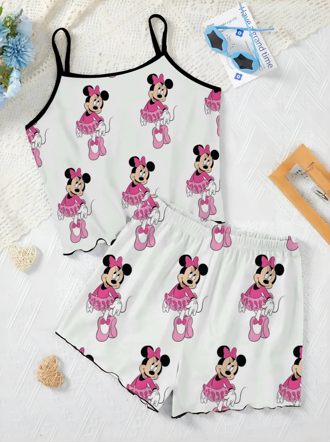 Mickey Women's Suit Short Sets Slip Dress Top Lettuce Trim Pajama Skirt T-shirt Minnie Mouse Disney Pieces Elegant Disney Mickey