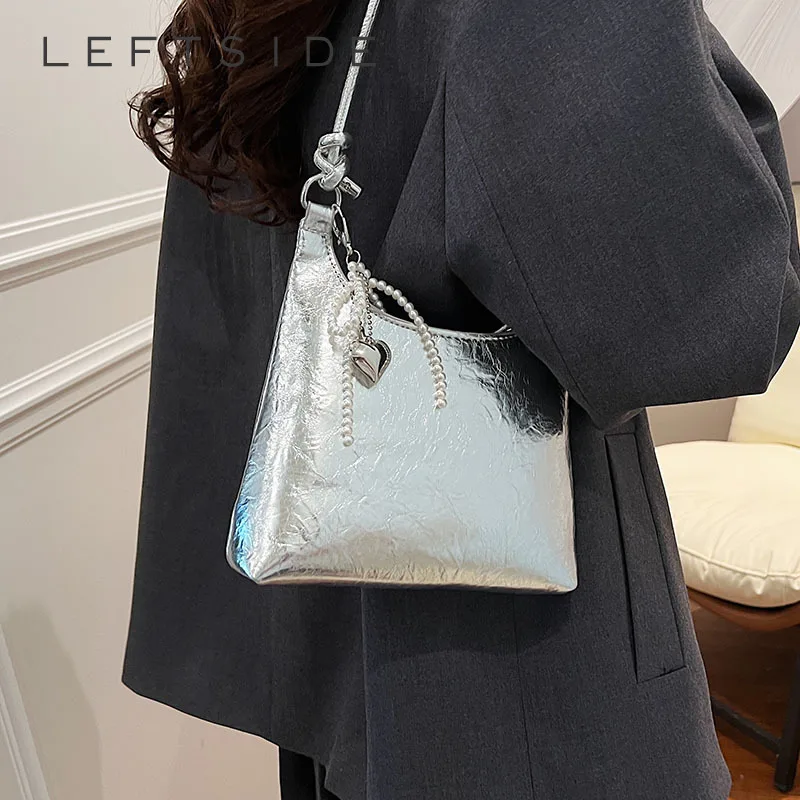 LEFTSIDE Small PU Leather Crossbody Bags For Women 2024 Y2K Females Korean Fashion Lady Silver Underarm Bag Handbags And Purses