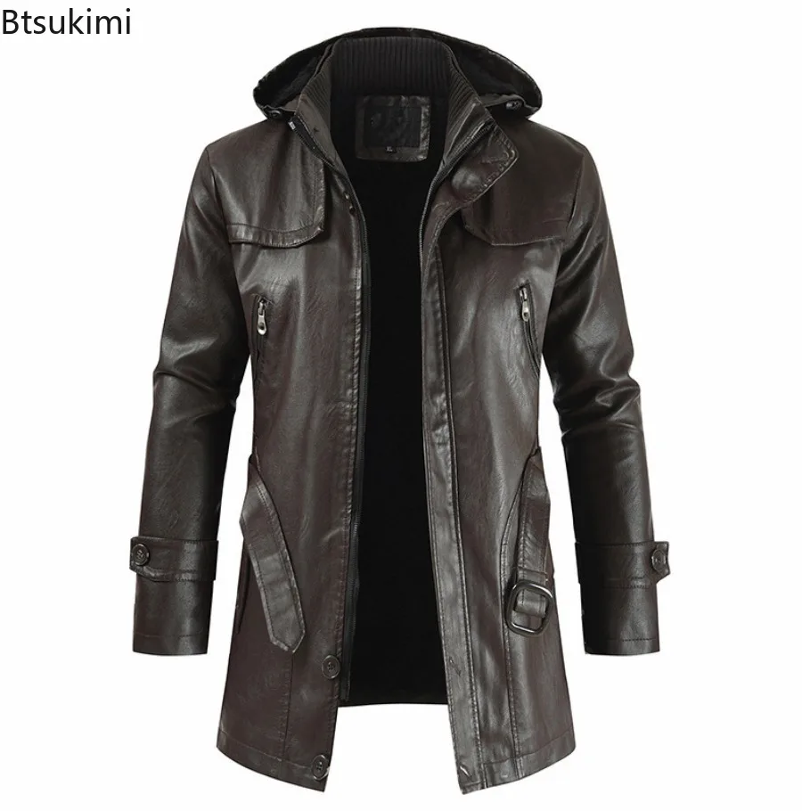 Men's Winter Leather Motorcycle Leather Korean Fashion Jacket Coat Windproof Clothes Men's Hooded Medium Long Windbreaker Coats
