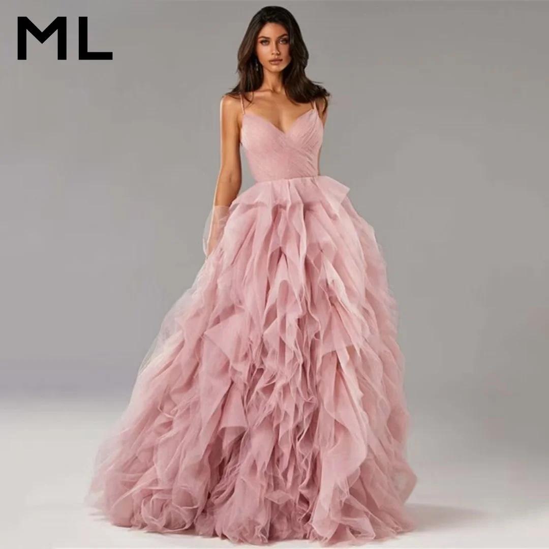 

ML Luxury Evening Dress V-Neck Open Back Ruched Tulle Long Prom Gown Wedding Party Dresses Customized Formal Occasion 2026
