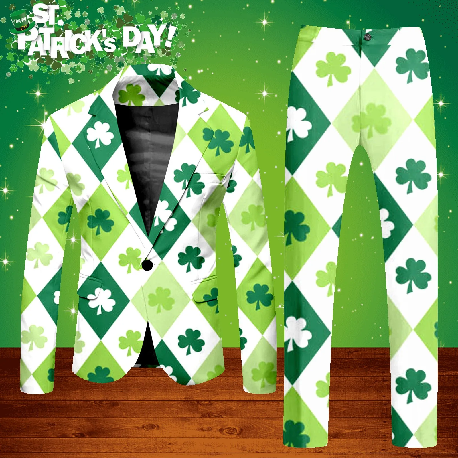 Mens Stage Prom Suits Jacket Pants Men Dance Festival 3.17 Happy St. Patrick’s Day Green Tee Print Party Costume Blazers Suits