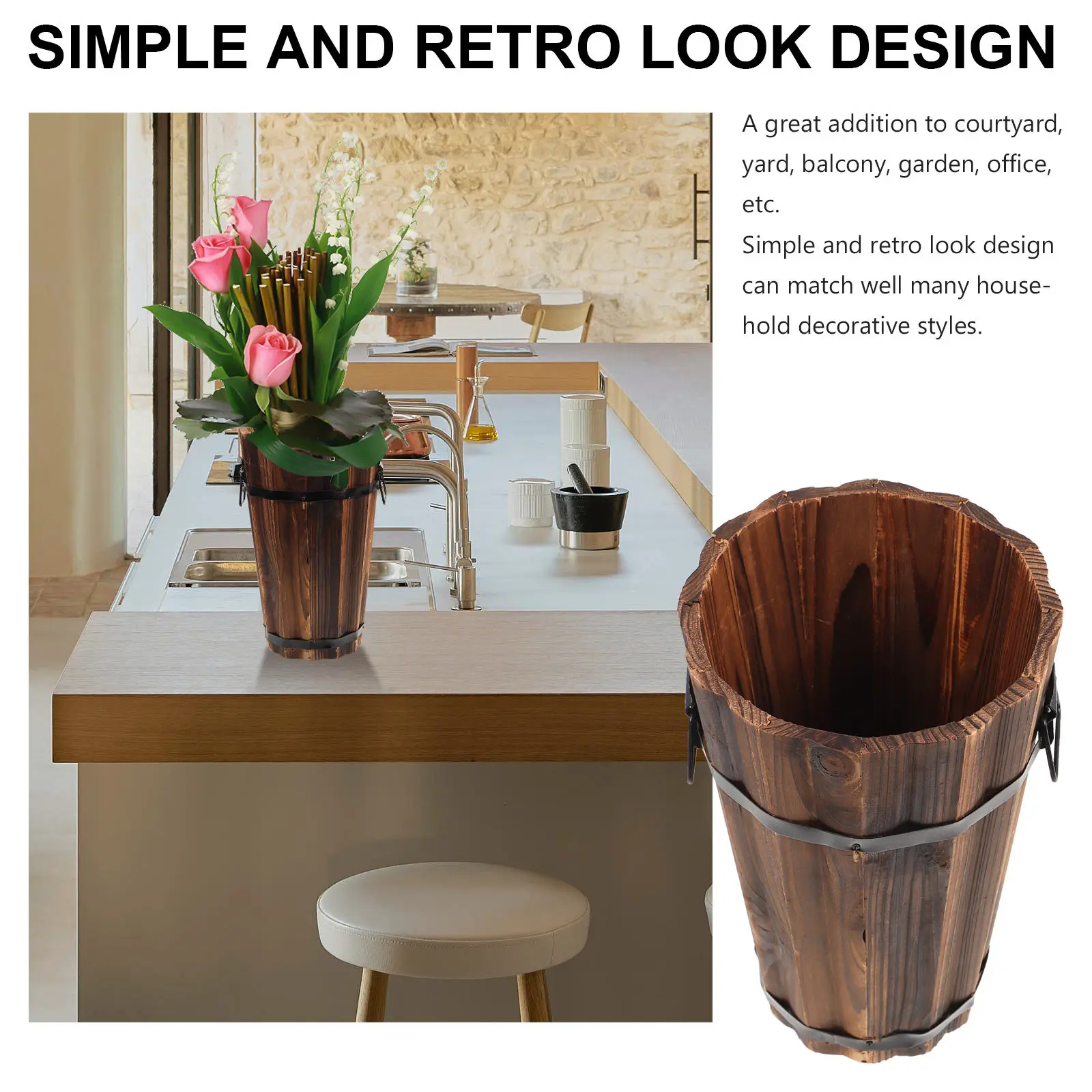 1Pcs Wooden Flower Pot Handcrafted Rustic Look Plant Container for Balcony Yard Courtyard Green Plants Home Office Gardening Use