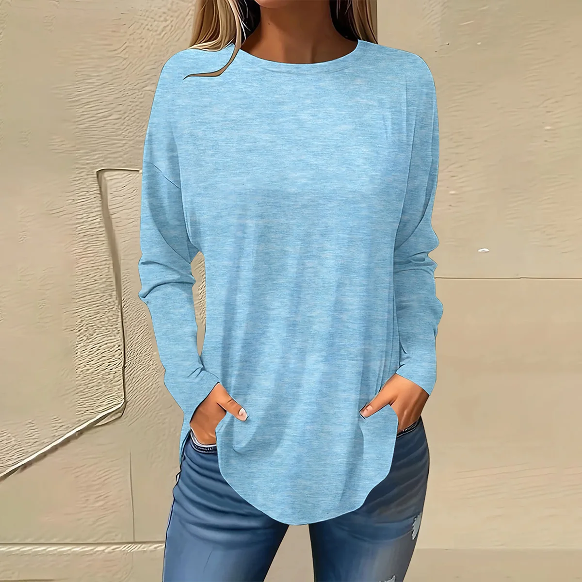 بلوزة نسائية أوروبية وأمريكية أنيقة كاجوال برقبة دائرية وأكمام طويلة بلون سادة #5