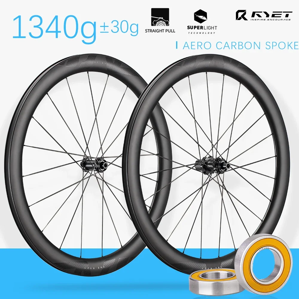 

RYET Road Carbon Wheels 46/50/55MM 1340g Ceramic Tubless Clincher AERO Carbon Spokes Disc Brake Bicycle Wheelsets Cycling Parts