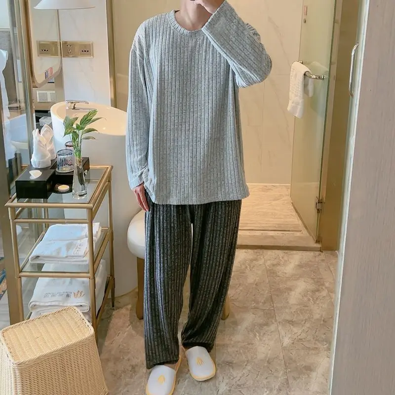 Couple Pajamas for Men Fleece Winter Sleepwear Korean Sleeping Night Wear Solid Pijama 2 Pcs Pants Sets Warm O-neck Home Suit