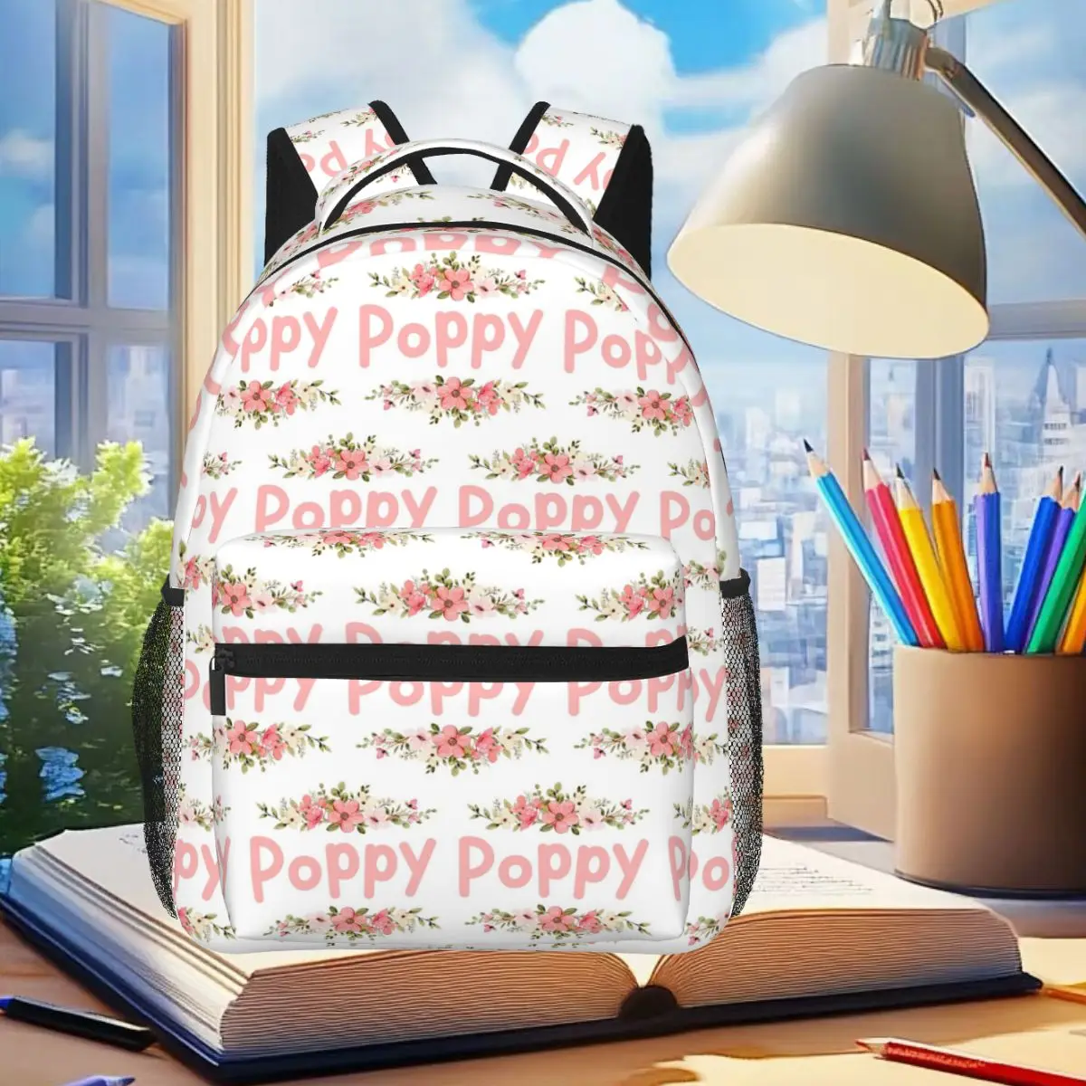 

Flower Poppy Name Label Backpack Student Boys Girls BookBag Children School Bag Computer Shoulder Bags for Men Women