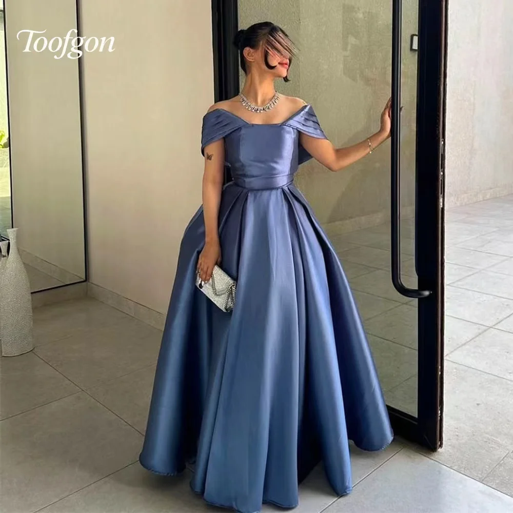 Toofgon カスタマイズされた A ライン サテン プロムドレス オフショルダー レディース 特別な機会 ロング プロム パーティー ブライズメイド イブニング ドレス