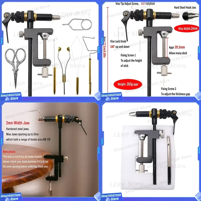 360 Degree Rotating C Clamp Fly Tying Vice Tool Kit with 2mm Hardened Jaw for Fishing Bait Making Accessories Combination Set