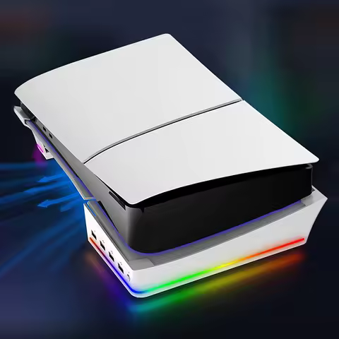 Horizontal Game Console Base Stand Holder with 14 Light Mode and 4 USB Hubs Game Console Desk Stand Storage Rack for PS5 Slim