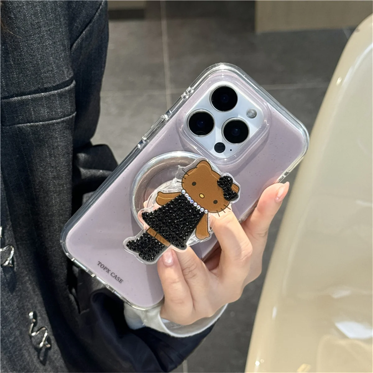 

Simple Solid Color Purple Magnetic Phone Case For iPhone 16 Pro 14 13 15 Pro Max Back Cover with Hellokitty Stand Cases