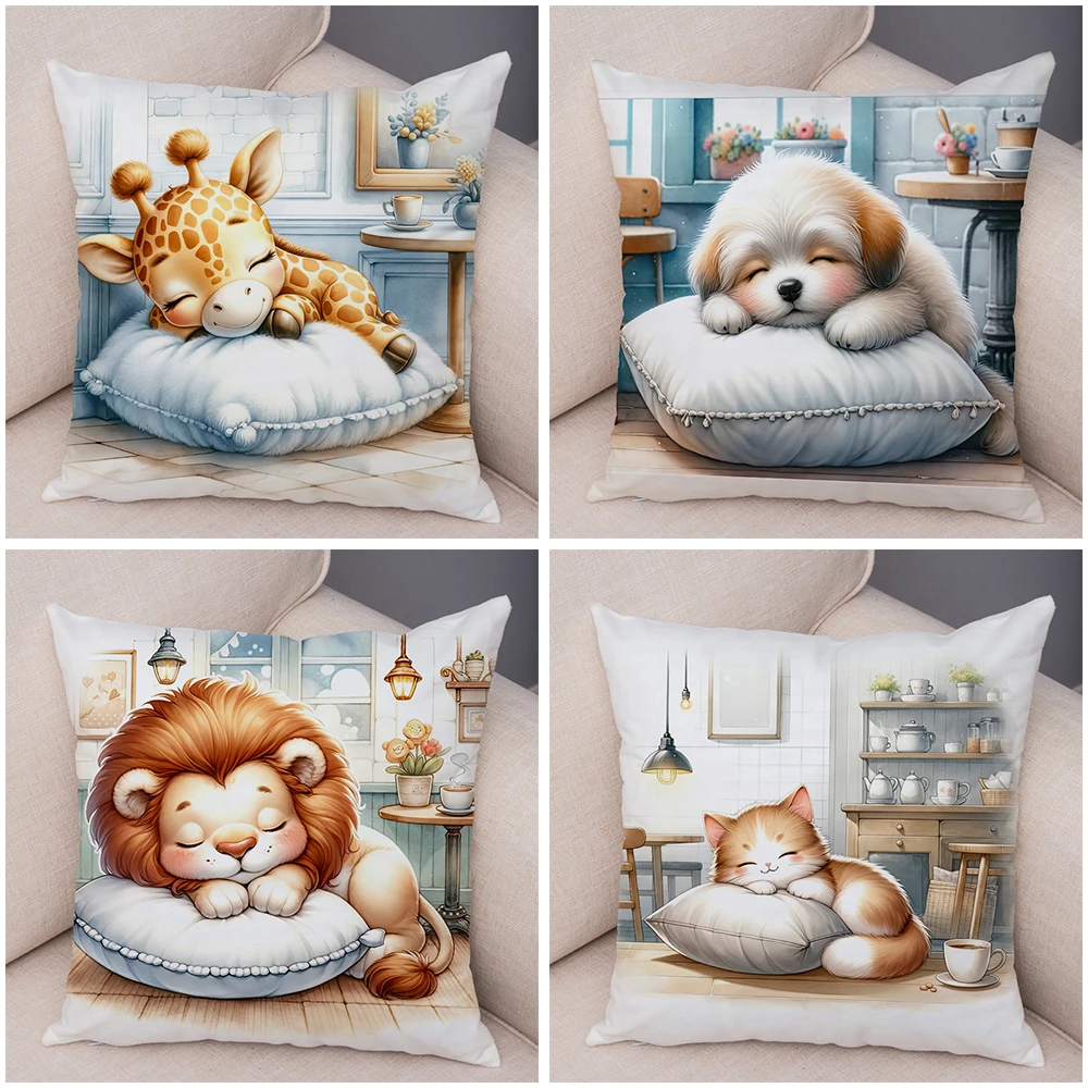 Cute Dog Cat Lion Giraffe Sleep Cushion Cover Decor Cartoon Animal Print Pillow Case Soft Plush Throw Pillowcase for Sofa Home