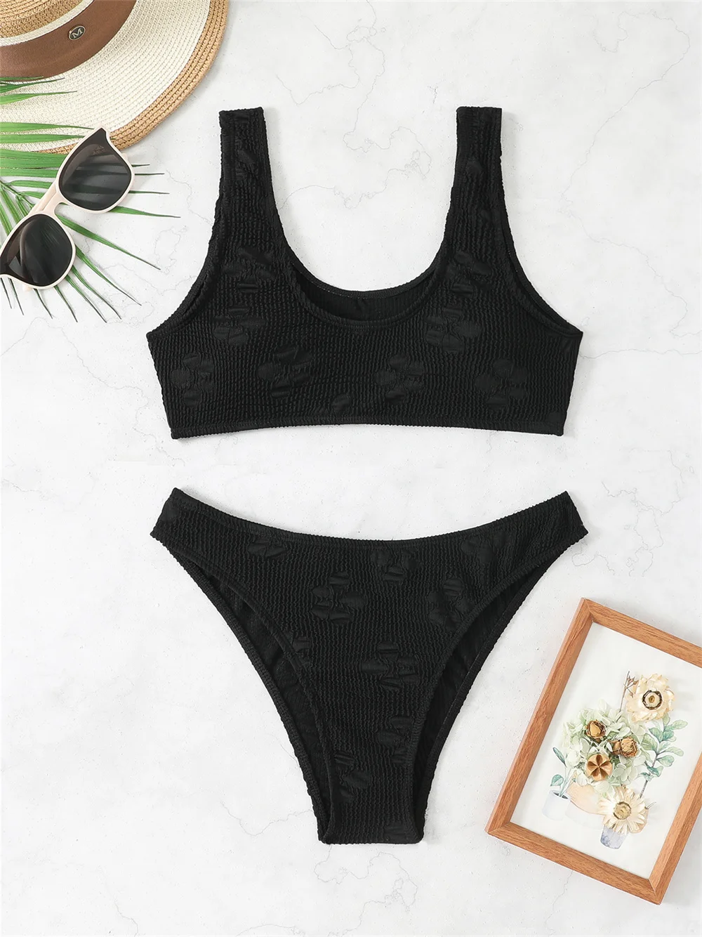 Sexy Zwarte Jacquard Bikini Sets Geribbeld Tankini Badpak Push Up Bikini Thong Vakantie Badmode Vrouwen Strand Outfit Badpakken