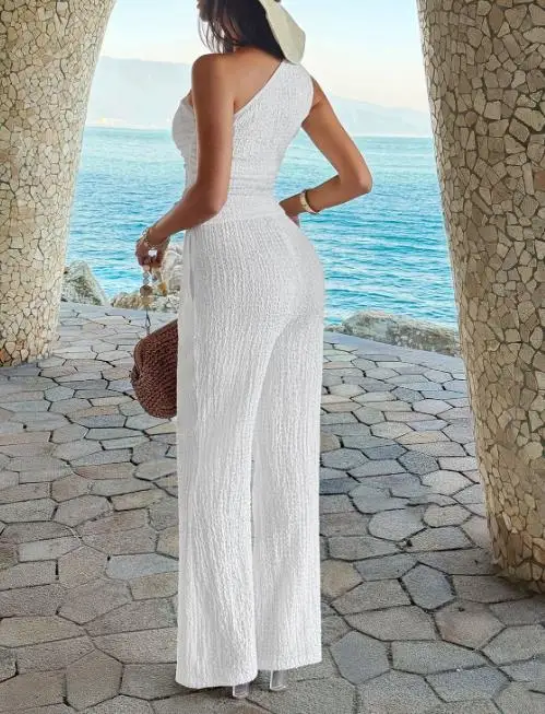 

Elegant Single Shoulder Sleeveless Wide Leg 2 Piece Set Sexy Spring/Summer Women's Outfit 2026 Trendy Wide Leg Style