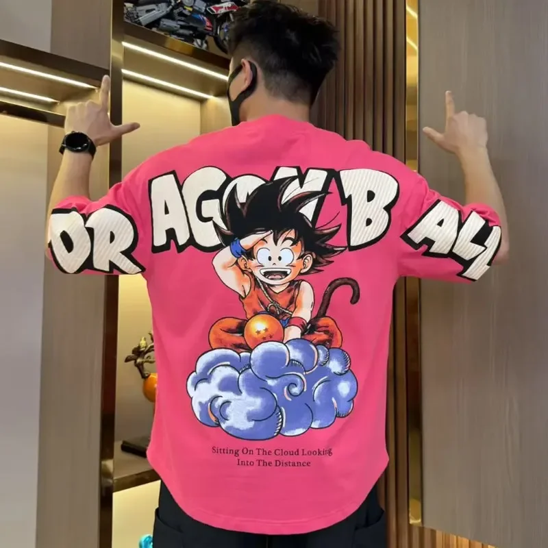 

Summer Dragon Ball Kid Goku T-Shirt for Men Oversized Back Print Cotton Breathable Casual Short Sleeve Tee with Nimbus Cloud