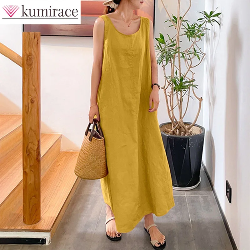 

Summer New Long Version Suspender Cotton Linen Simple Style Loose Pocket Round Neck Temperament Sleeveless Dress for Women