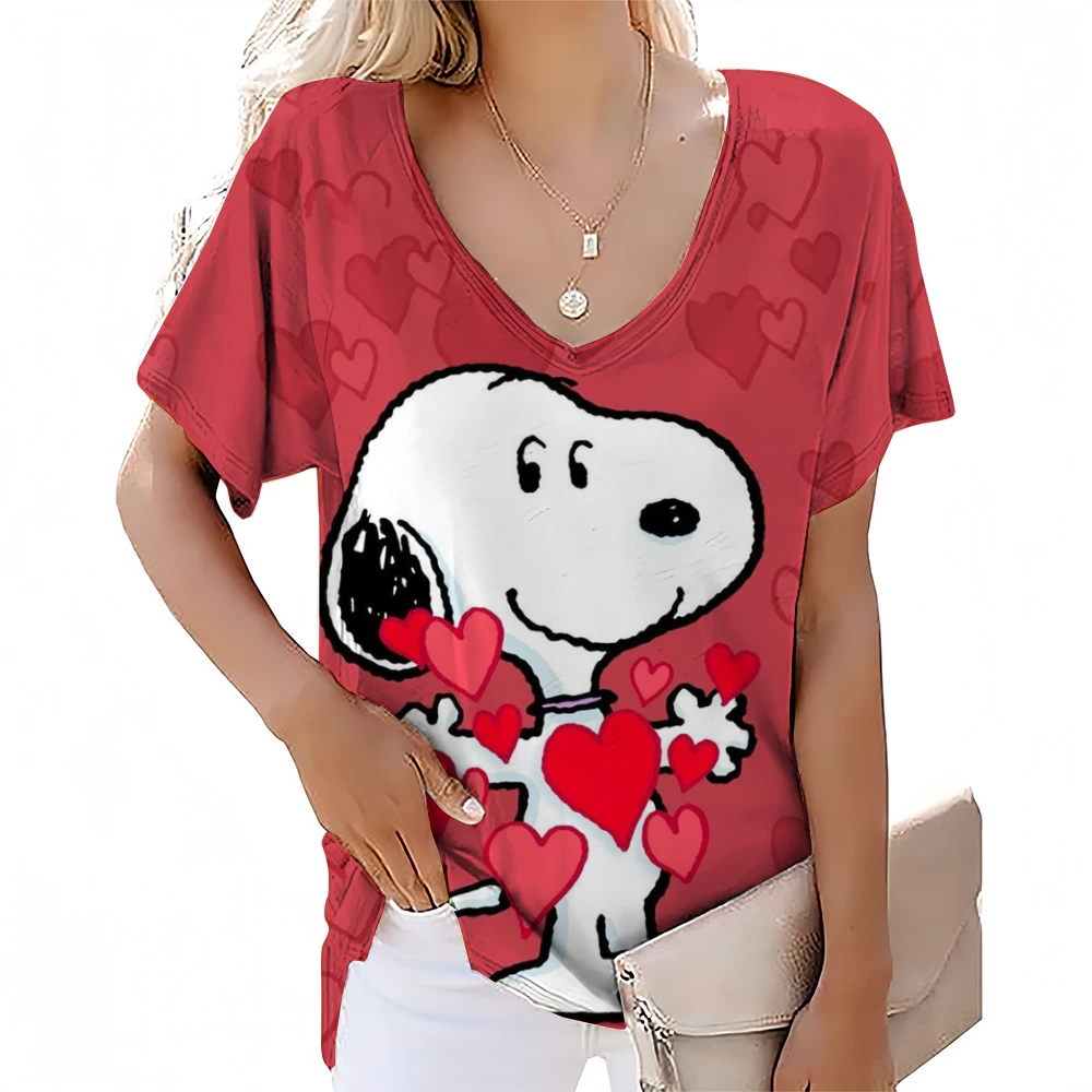 2024 Women's V-neck T-shirt Funny Snoopy cartoon print T-shirt Summer Leisure Women's Fashion Popular Short Sleeved T-shirt