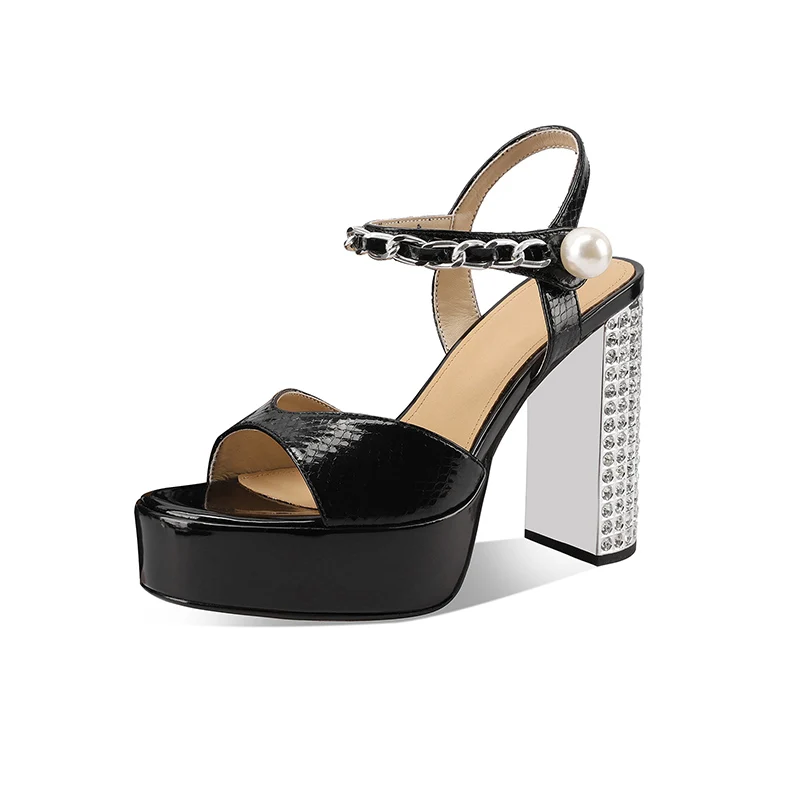 

Arden Furtado Summer Embossed Cowhide Patent Leather platform Banquet shoes round toe Super high heel word-cingulate sandals