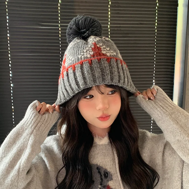 

Fair Isle Knitted Hat Korean Fashion Versatile Women's Autumn and Winter Face-slimming Jacquard Knitted Hat