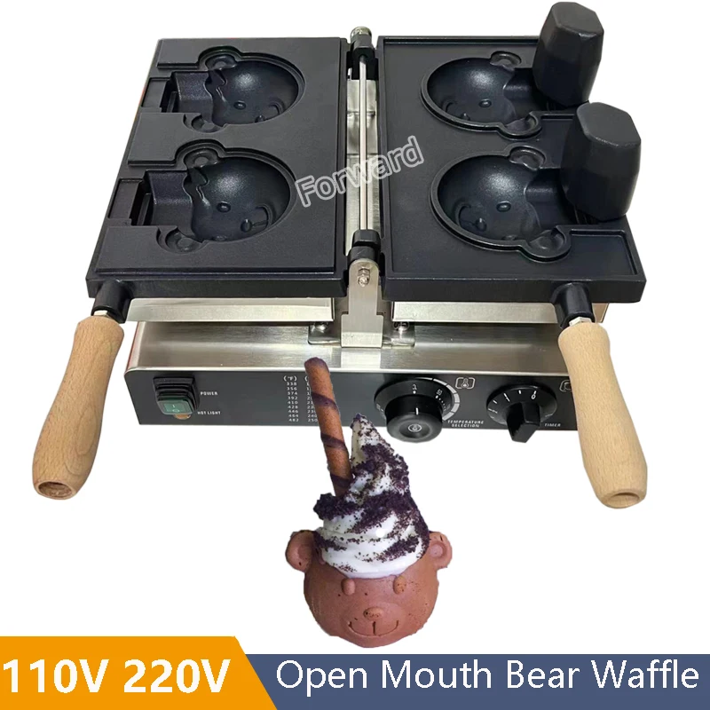 110V 220V Commercial Taiyaki Bear Shaped Waffle Maker Open Mouth Ice Cream Bear Taiyaki Machine Bear Cone Maker