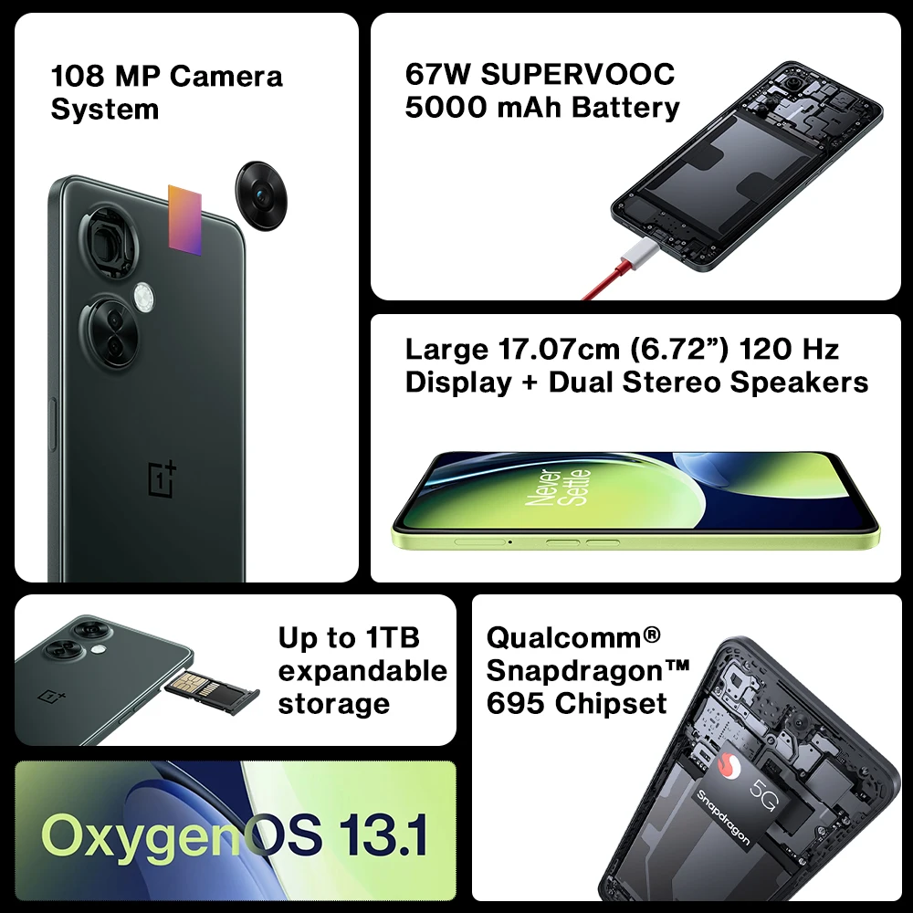 Versión Global OnePlus Nord CE 3 Lite 5G Smartphone Snapdragon 695 6.72inches 120Hz 5000mAh 67W SUPERVOOC 108MP Cámara principal NFC