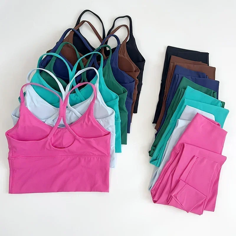 2 Piece Yoga Set Sportswear Fitness Suits Sexy Cross back Yoga Tops Elasticity High Waist Leggings Running Sports Clothing image 4