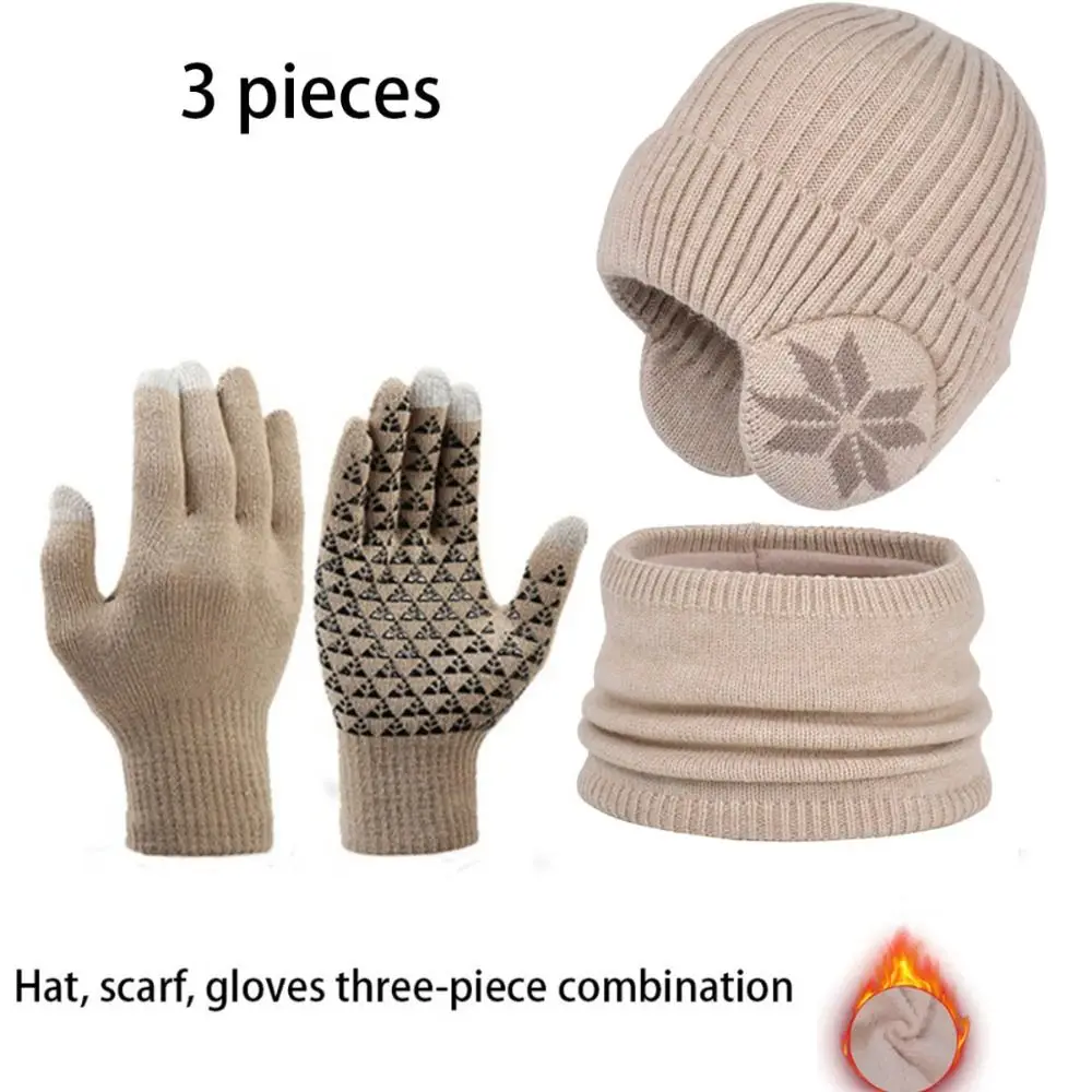 3 Buah/Set Set Sarung Tangan Syal Topi Warna Polos Lembut Topi Rajut Penutup Telinga Tahan Dingin Sarung Tangan Layar Sentuh Tebal Anak Laki-laki/Perempuan
