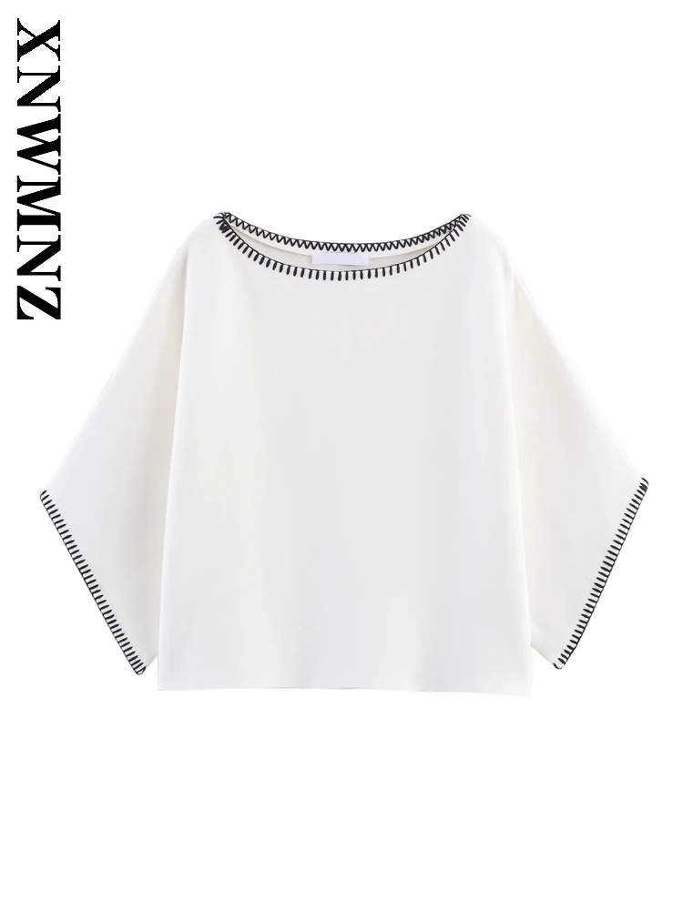 

XNWMNZ 2025 Summer New Product Woman Chic Fashion O-Collar half Sleeve Knit Blouses Sexy Casual Woman's Color Block Simple Top