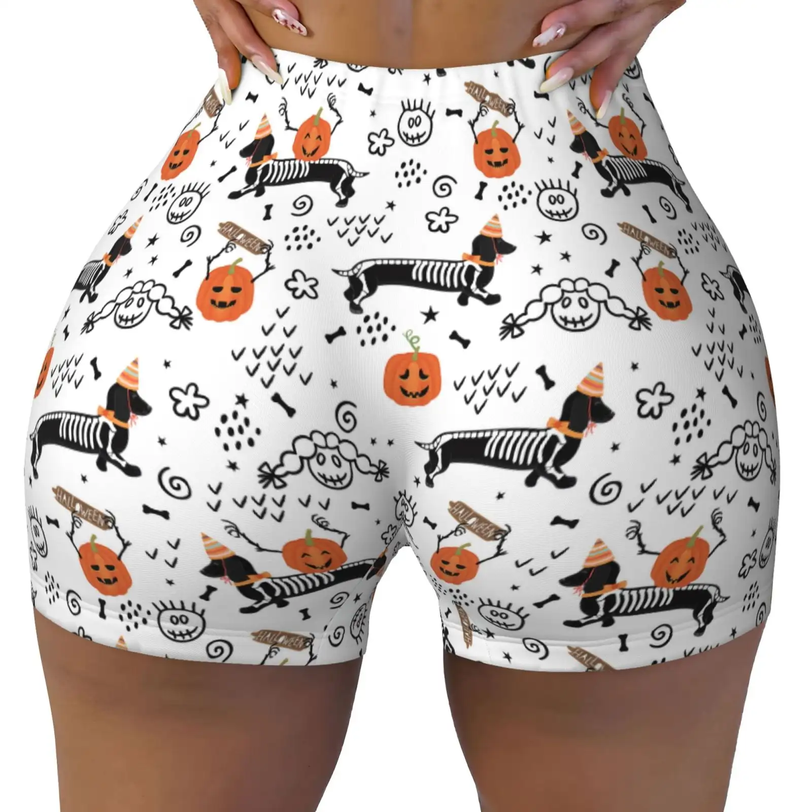 Halloween Dachshund Print Workout Shorts for Women Seamless Soft Smooth Gym Yoga Scrunch Active Shorts