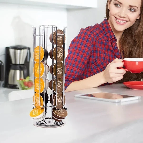 

Metal Coffee Pods Holder Tower Chrome Plating Stand Coffee Tamper Capsules Storage Rack for 24pcs Dolce Gusto Coffee Capsule