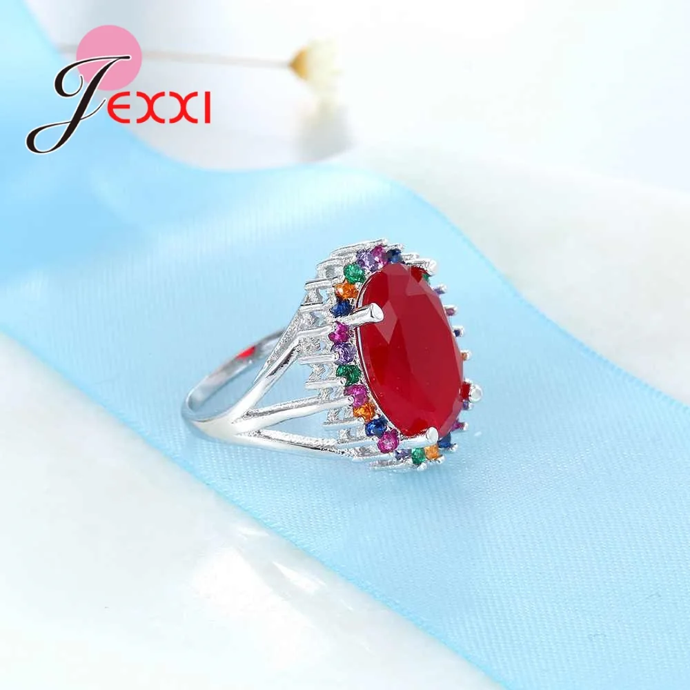 Fashion Design Colorful Cubic Zirconia Wedding Party Rings For Women With Red Austrian Crystal 925 Sterling Silver Ring